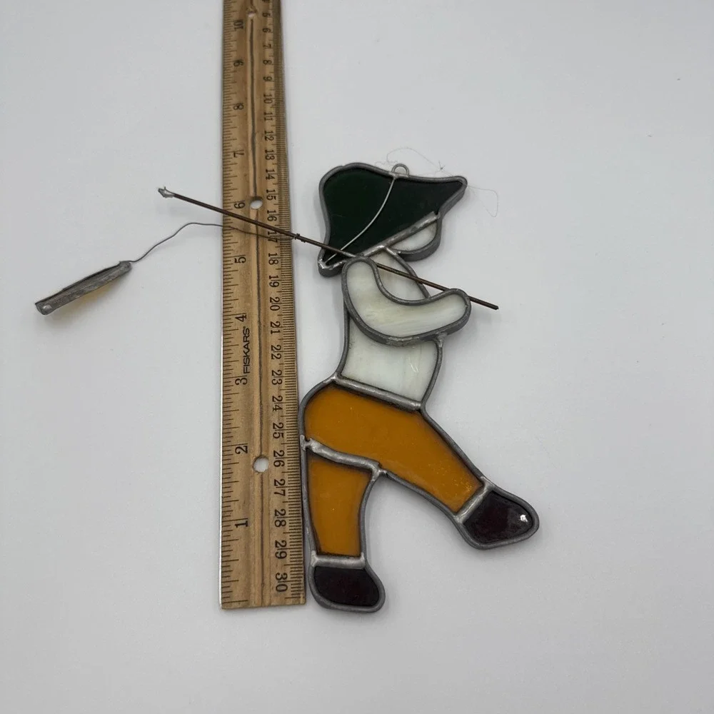 Vintage Stained Glass Suncatcher Window Decor Boy Man Going Fishing w Pole